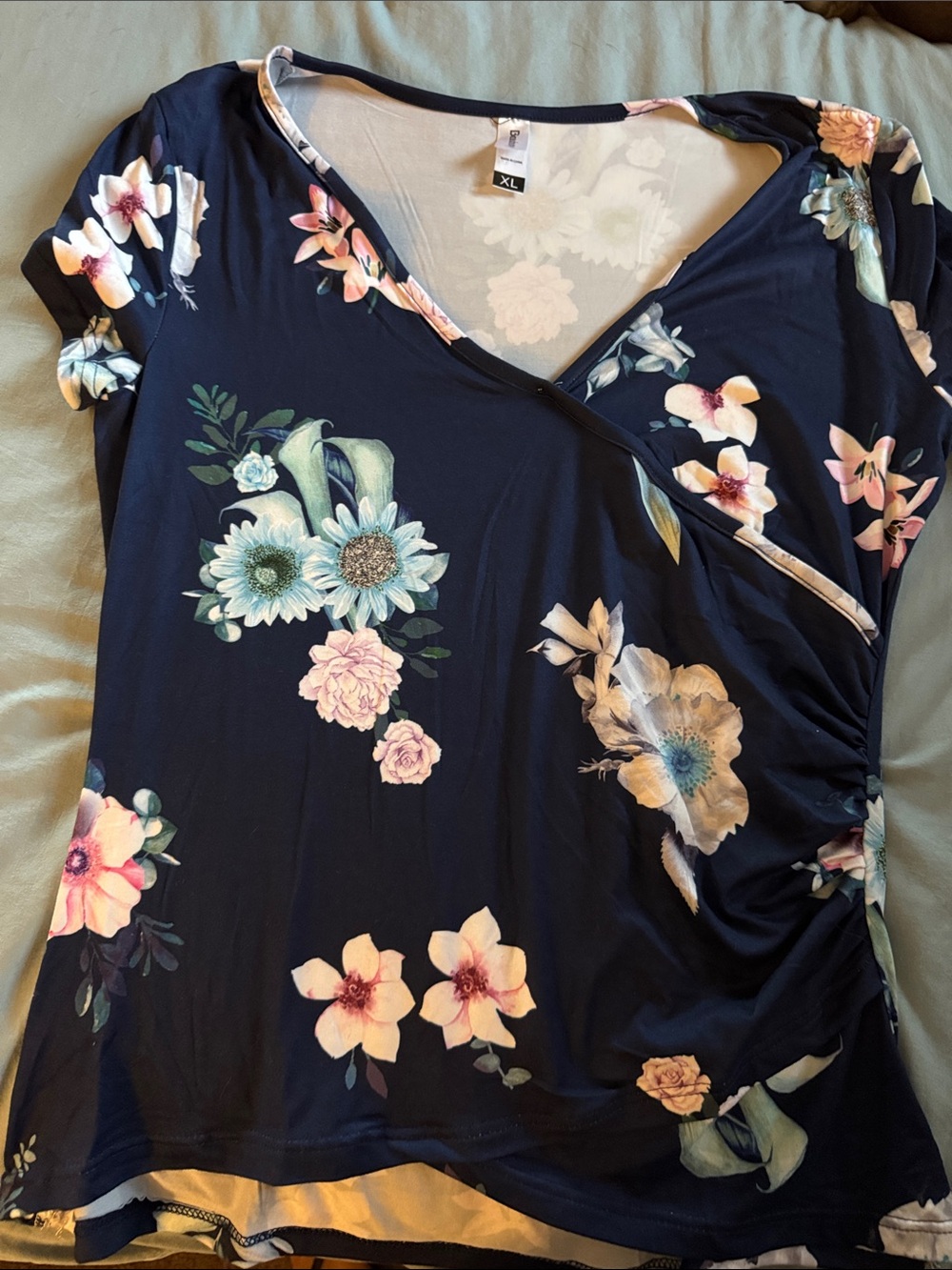 Women's Navy Floral Faux-Wrap Short Sleeve Tee - XL